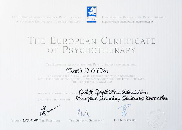 Certyfikat Psychoterapeuty European Association for Psychotherapy
