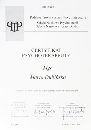 Certyfikat Psychoterapeuty Polskiego Towarzystwa Psychiatrycznego
